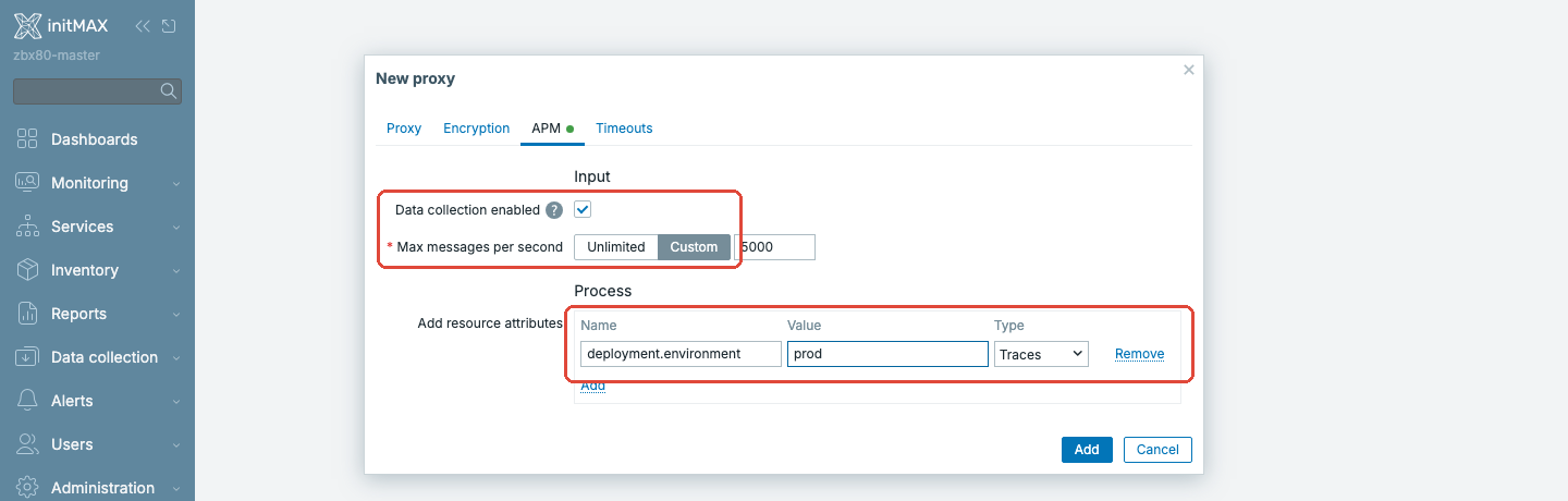 Zabbix 8.0 - tab APM ve formuláři proxy (OpenTelemetry collector)