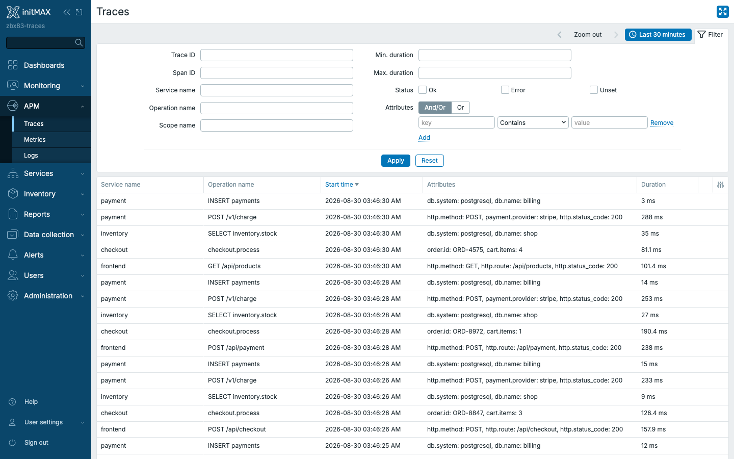 Zabbix 8.0 - pohled APM > Traces se spany služeb frontend, checkout, payment a inventory“ class=“wp-image-26932″/></a></figure>
<figure class=