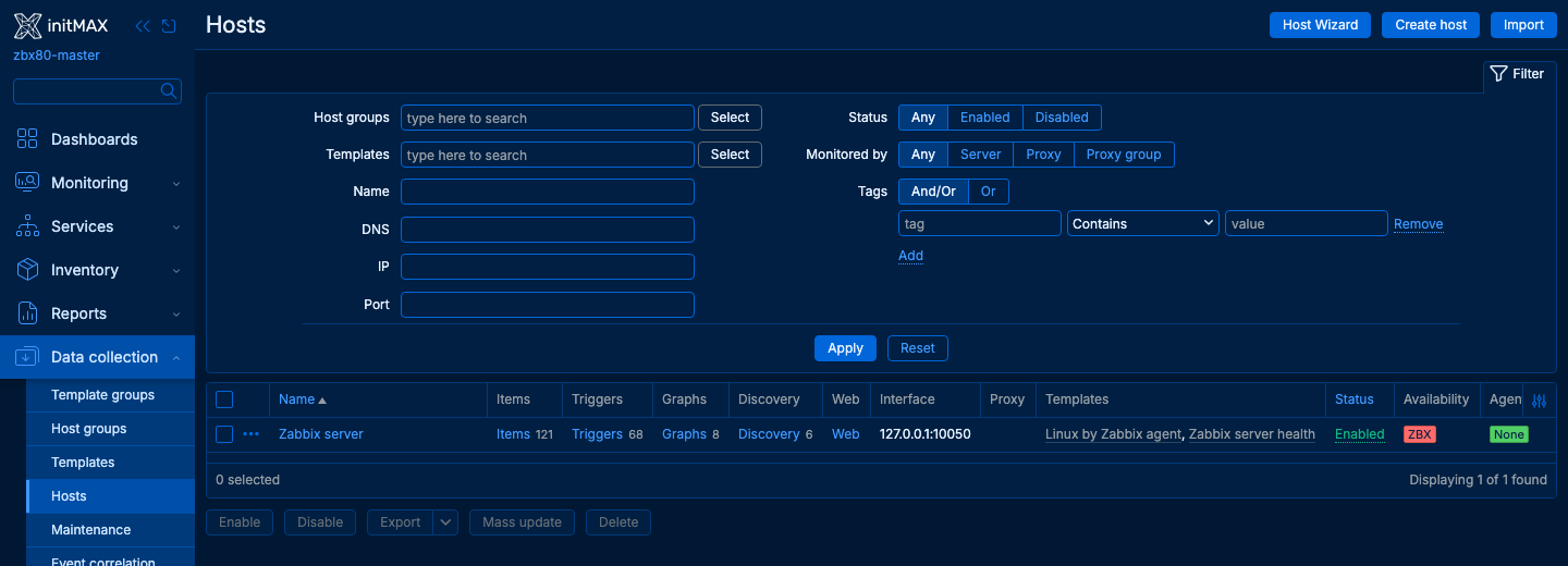 Seznam hostů Zabbix 8.0 v tématu Dark blue