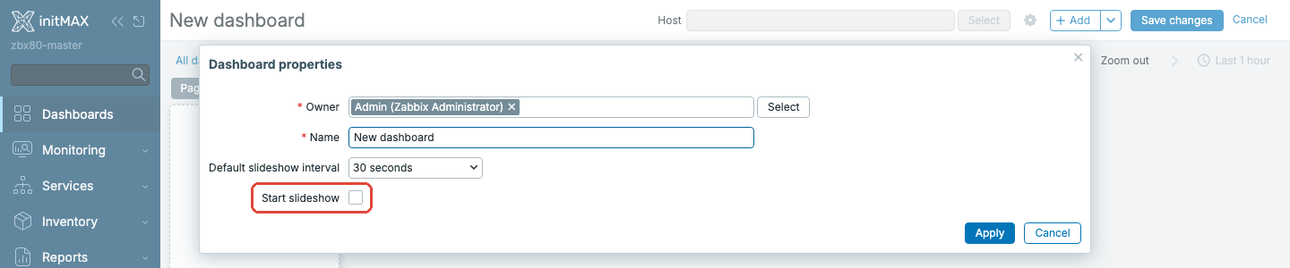 Zabbix 8.0 - vlastnosti nového dashboardu s vypnutou volbou Start slideshow