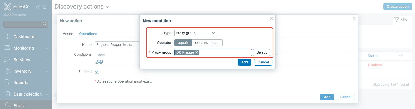 Zabbix 8.0 - podmínka Proxy group v discovery akci