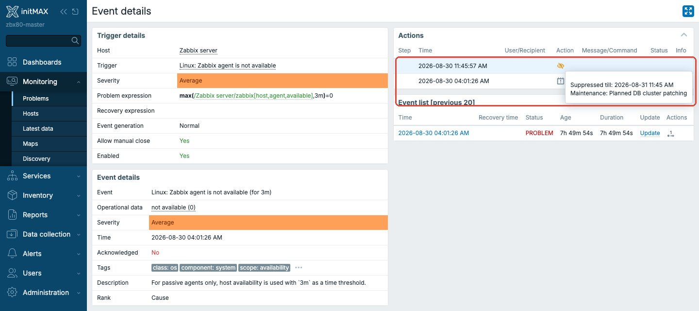Zabbix 8.0 - Event details se záznamem Suppressed by maintenance