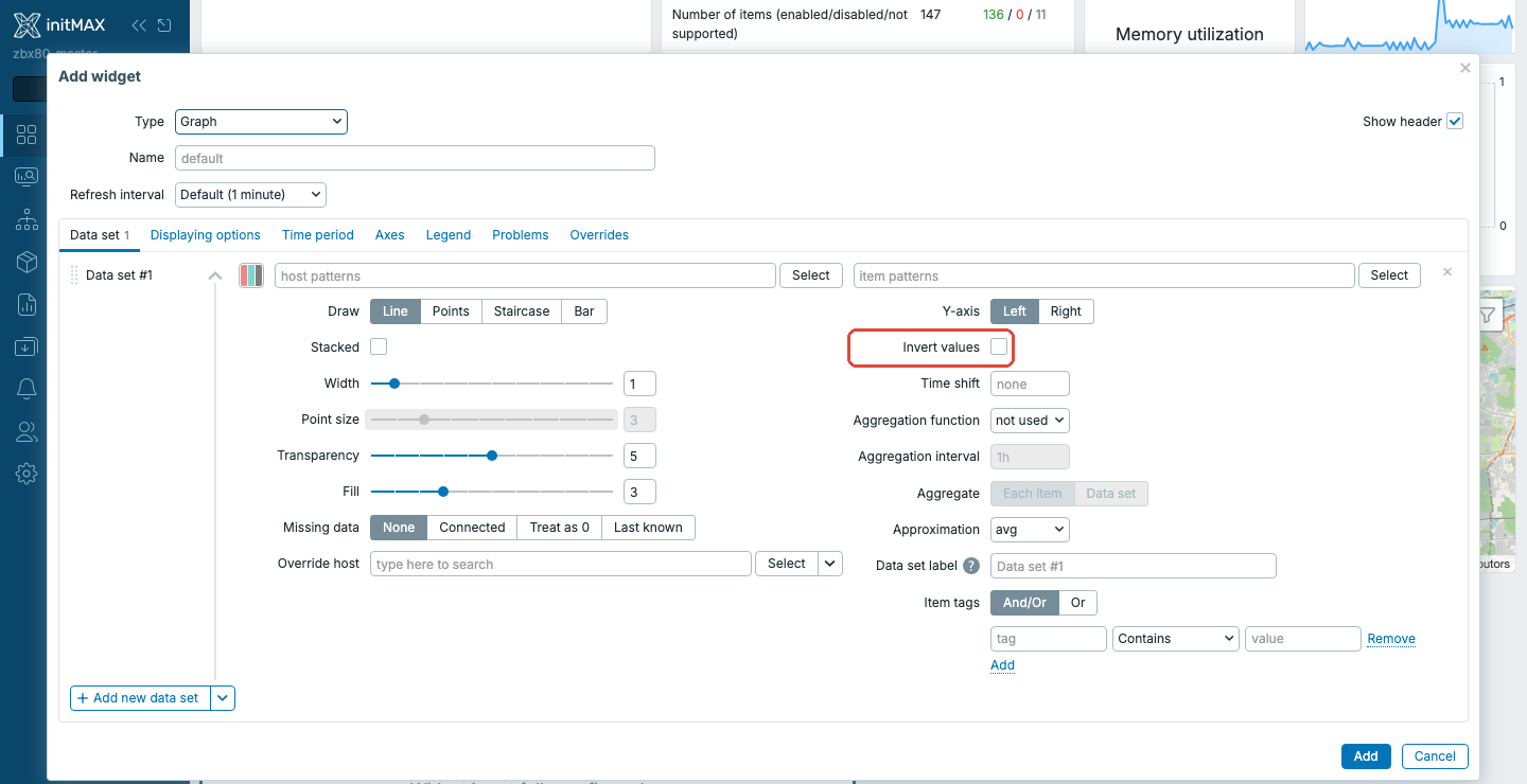 Zabbix 8.0 - widget Graph s volbou Invert values u datové sady