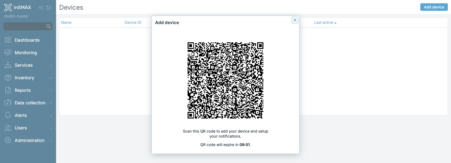 Zabbix 8.0 - dialog Add device s QR kódem pro spárování mobilní aplikace