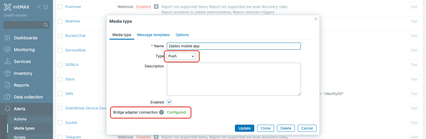 Zabbix 8.0 - media type Push s indikátorem Bridge adapter connection