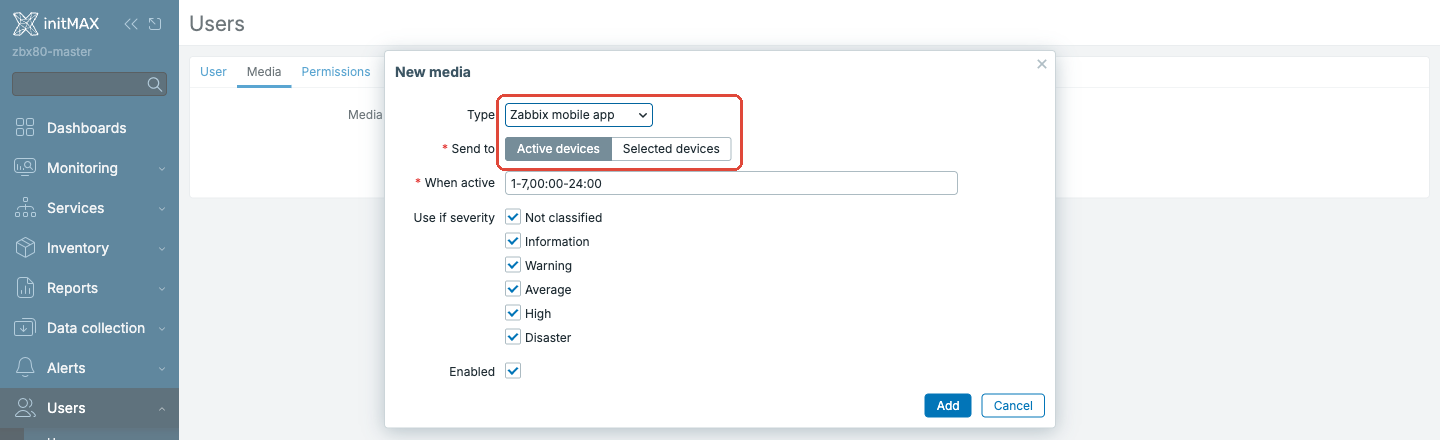 Zabbix 8.0 - uživatelské médium typu Push s volbou Active devices / Selected devices
