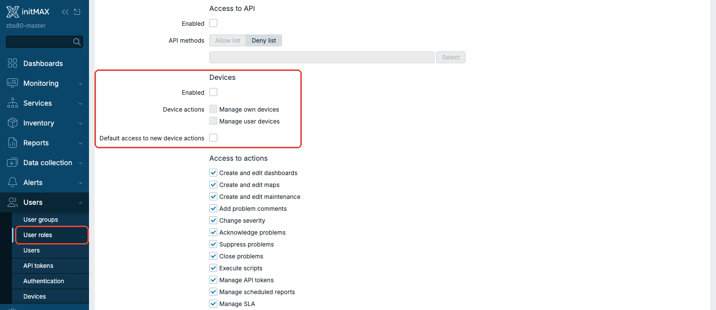 Zabbix 8.0 - sekce Devices v user role