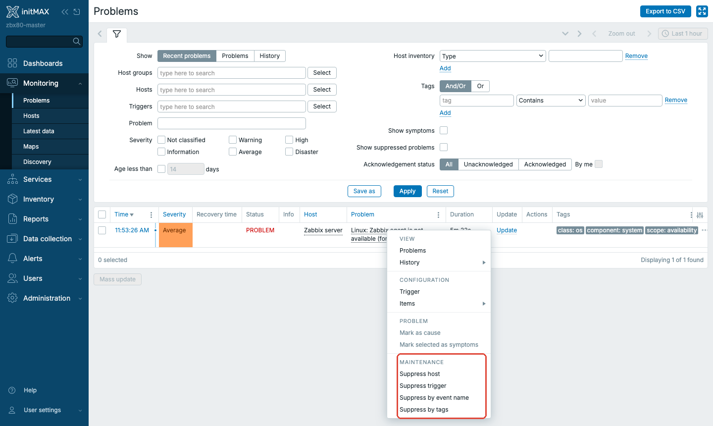 Zabbix 8.0 - kontextové menu problému se sekcí Maintenance
