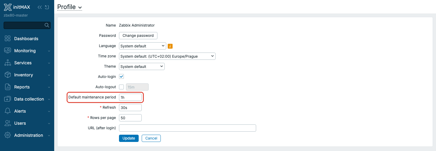Zabbix 8.0 - profil uživatele s polem Default maintenance period