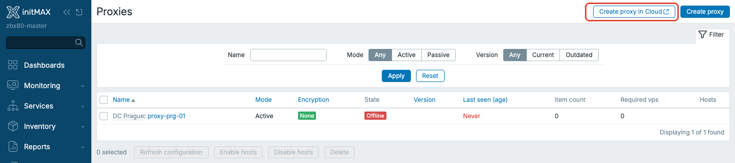 Zabbix 8.0 - stránka Proxies s tlačítkem Create proxy in Cloud