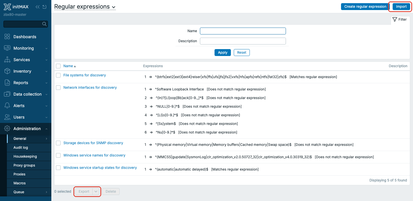 Zabbix 8.0 - seznam globálních regulárních výrazů s tlačítky Import a Export