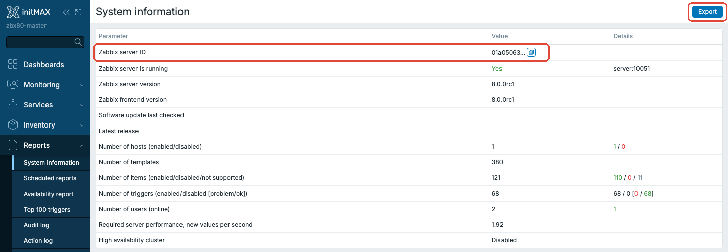 Zabbix 8.0 - System information se Zabbix server ID a tlačítkem Export