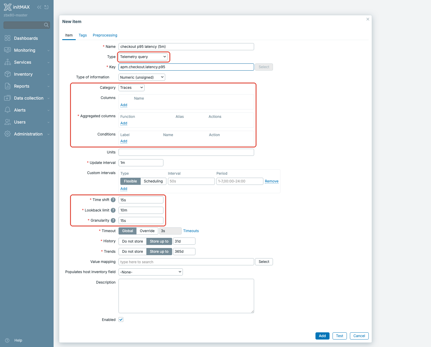 Zabbix 8.0 - item typu Telemetry query