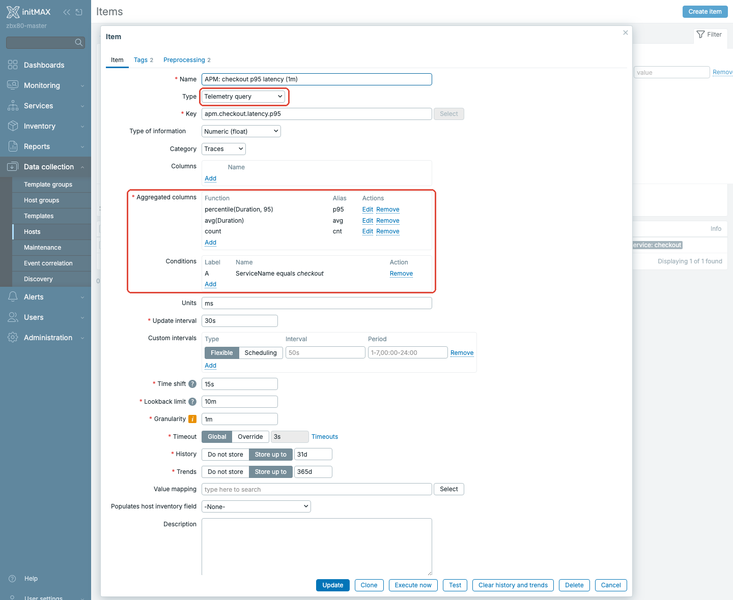 Zabbix 8.0 - vyplněný item typu Telemetry query: p95 latence služby checkout