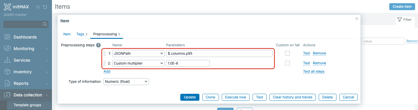 Zabbix 8.0 - preprocessing Telemetry query itemu: JSONPath a Custom multiplier