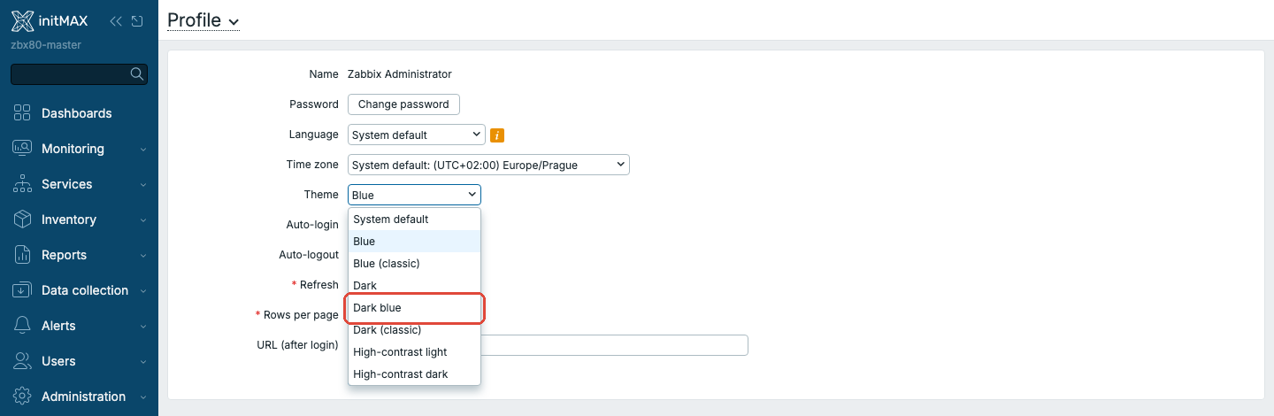Výběr tématu v profilu uživatele Zabbix 8.0 včetně Dark blue