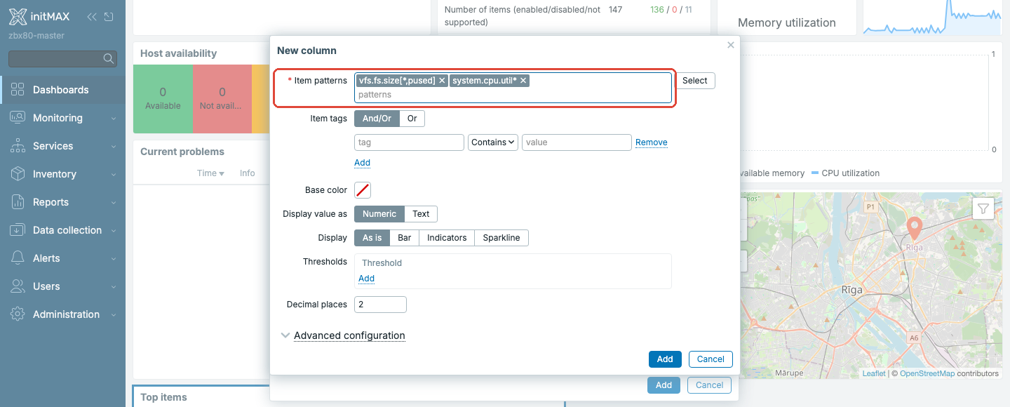Zabbix 8.0 - sloupec widgetu Top items s patterny položek