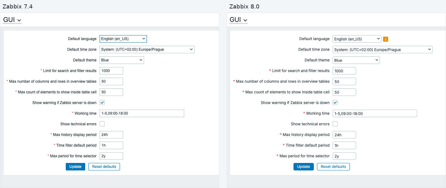 Srovnání formuláře GUI nastavení v Zabbix 7.4 a 8.0