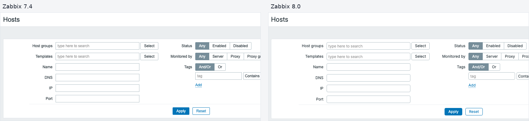 Srovnání filtru hostů v Zabbix 7.4 a 8.0