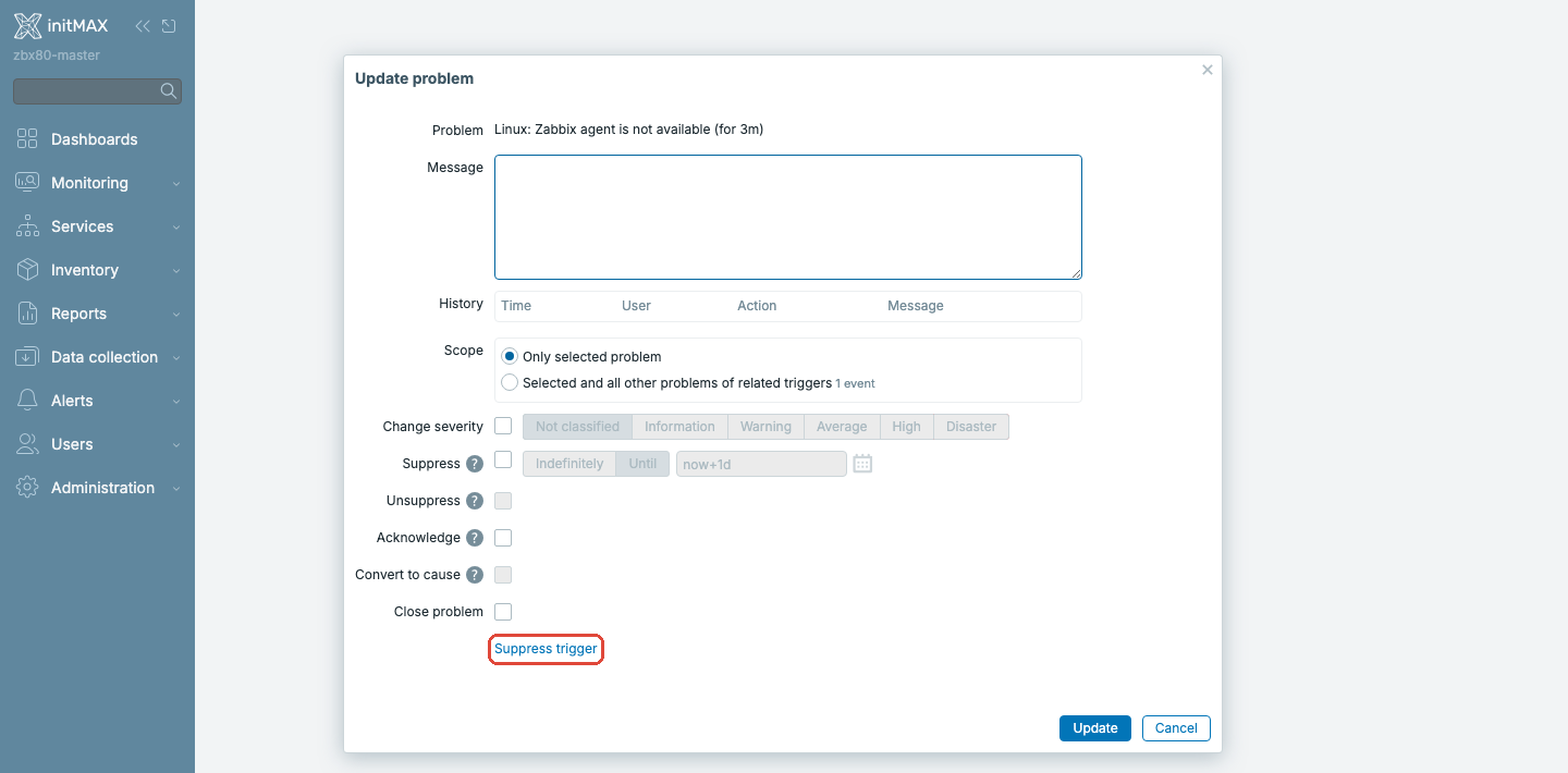 Zabbix 8.0 - dialog Update problem s odkazem Suppress trigger