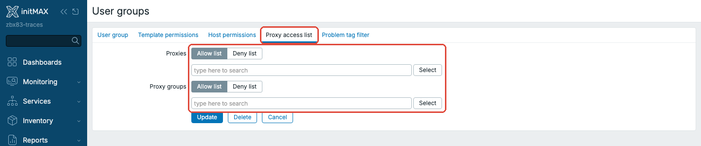 Zabbix 8.0 - tab Proxy access list v uživatelské skupině