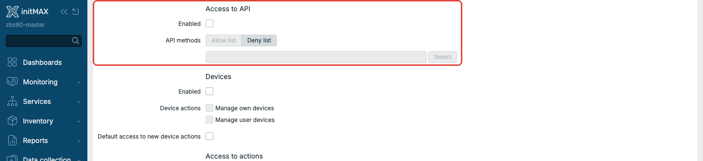 Zabbix 8.0 - sekce Access to API v user role s vypnutým přístupem