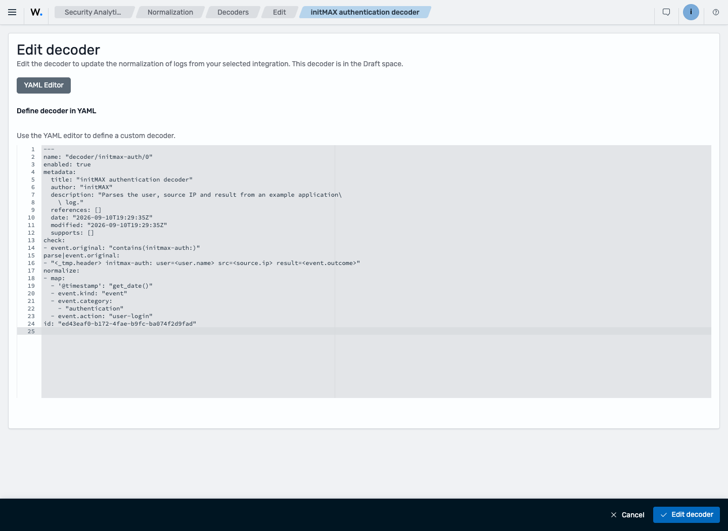 Vlastní YAML dekodér v Draft space: výběr zprávy, rozebrání polí a normalizace.