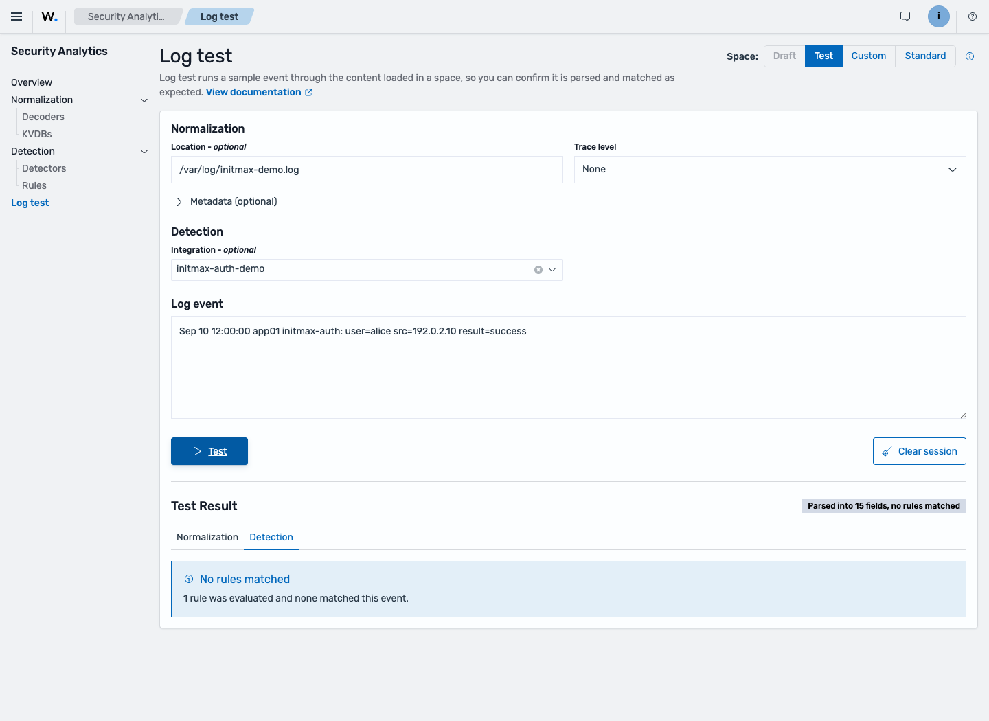 Negativní Log Test: úspěšné přihlášení se dekóduje, ale nemá odpovídající pravidlo.