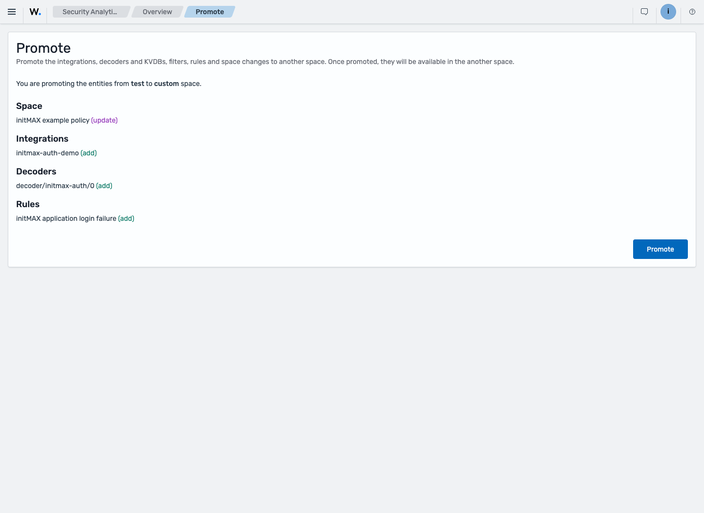Před povýšením z Test do Custom je vidět přesný seznam změn politiky, integrace, dekodéru a pravidla.