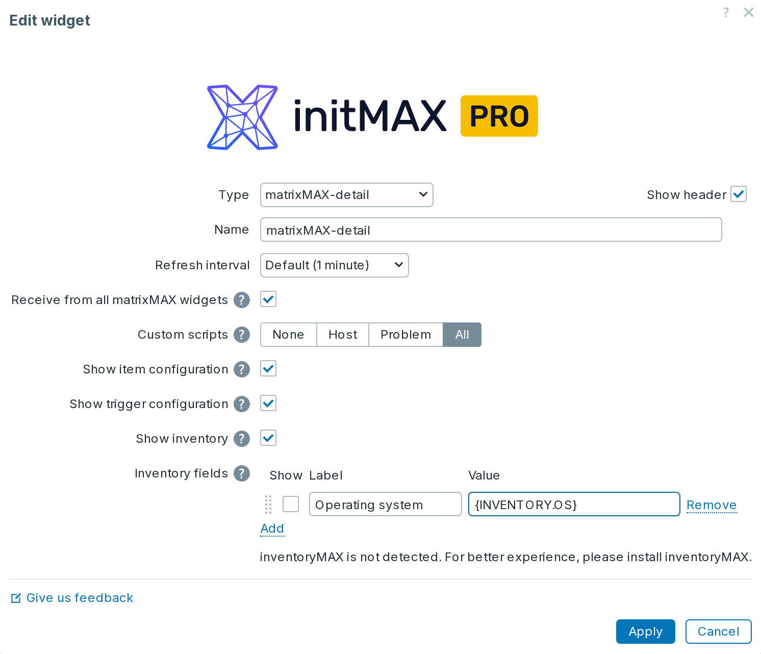 matrixMAX-detail PRO - nastavení inventárních polí