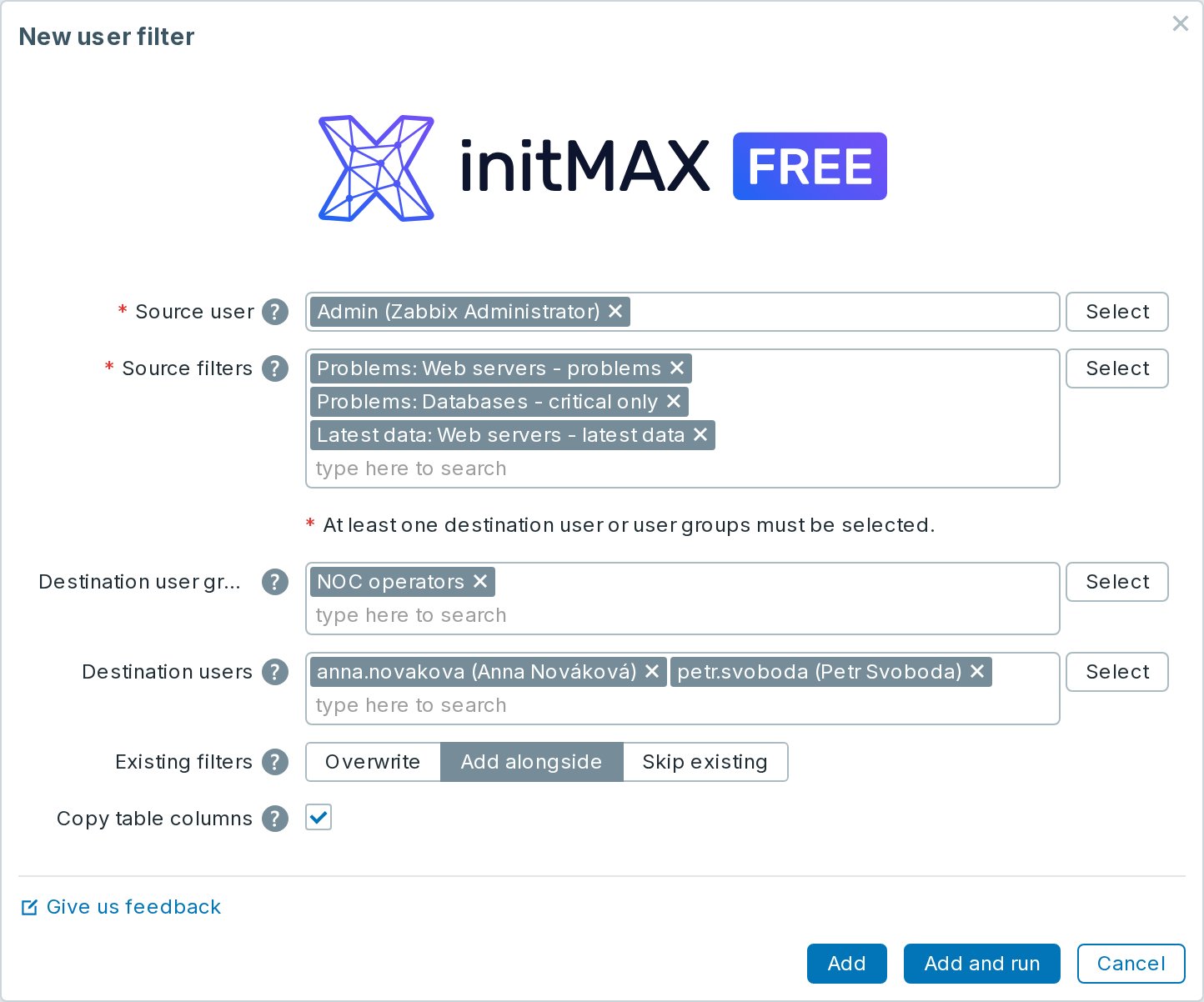 userfilterMAX FREE - kopírování sloupců tabulky na Zabbixu 8.0